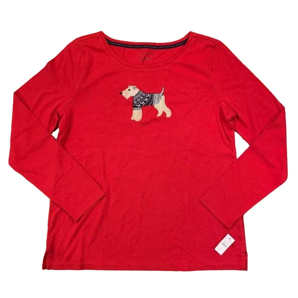NWT Talbots Red Embroidered Christmas Terrier Dog Crew Long Sleeve Tee - SMALL - Picture 1 of 10